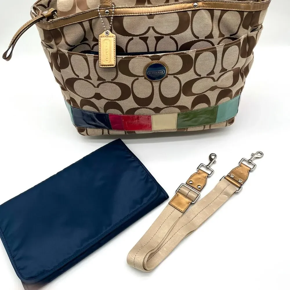 Coach Signature Brown and Tan Travel/Diaper Bag with Navy changing pad